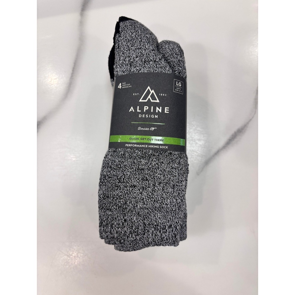 Alpine Design Mens 4 Pack Performance Hiking Socks Grey Black Crew Size L 9-12